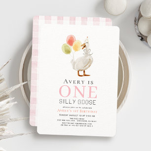 One Silly Goose Girl Pink Gingham 1st Birthday Invitation