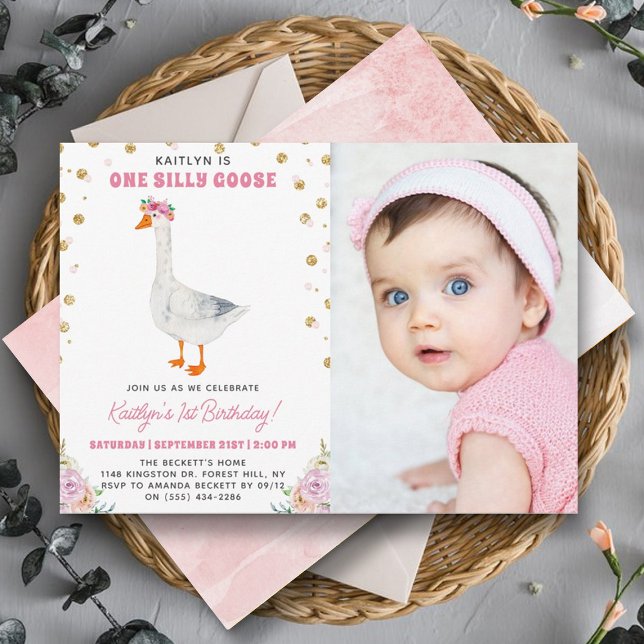 One Silly Goose Girls 1st Birthday Photo Invitation (Creator Uploaded)
