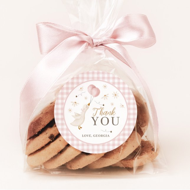 One Silly Goose Girls 1st Birthday Pink Gingham Classic Round Sticker (Favor Stickers for Girl's 1st Birthday Party Silly Goose Pink Theme )