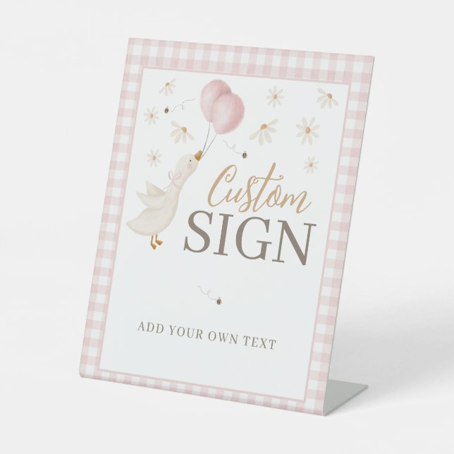 One Silly Goose Girls 1st Birthday Pink Gingham Pedestal Sign (Front)