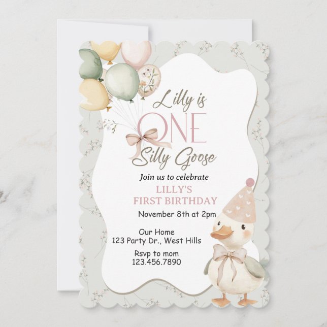 One Silly Goose, Goose, ONE, First Birthday, Goose Invitation (Front)