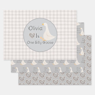 One Silly Goose Gray Girl's Birthday Party Wrapping Paper Sheet