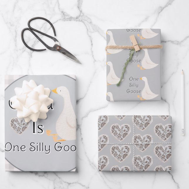 One Silly Goose Gray Girl's Birthday Party Wrapping Paper Sheet (Front)