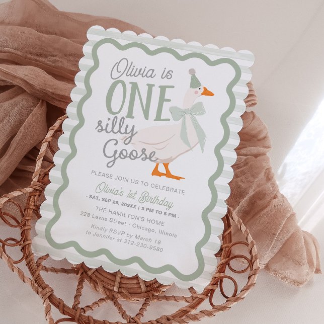 One Silly Goose Green Bow 1st Birthday Invitation (Creator Uploaded)