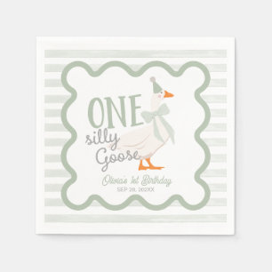 One Silly Goose Green Bow 1st Birthday Napkin