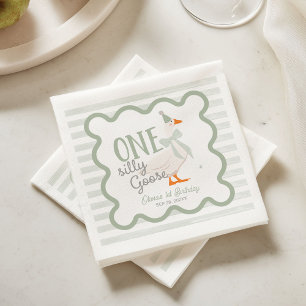 One Silly Goose Green Bow 1st Birthday Napkin