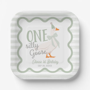 One Silly Goose Green Bow 1st Birthday Paper Plate