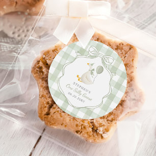 One Silly Goose Green Bow First Birthday Classic Round Sticker