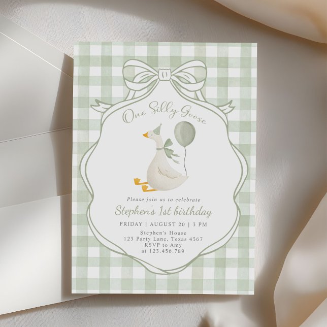 One Silly Goose Green Bow First Birthday Invitation (Creator Uploaded)