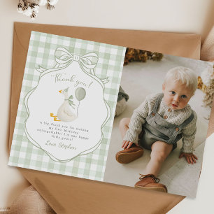 One Silly Goose Green Bow First Birthday Thank You Card