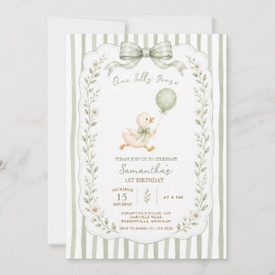 One Silly Goose Green Bow Girl 1st Birthday Invitation