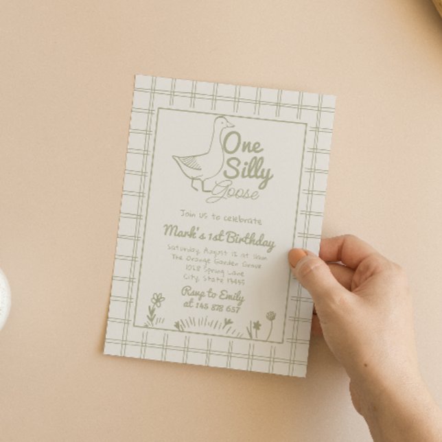 One Silly Goose Green Drawn 1st First Birthday  Invitation (Creator Uploaded)
