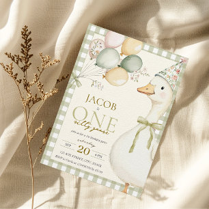 One Silly Goose Green Gingham 1st Birthday Invitation