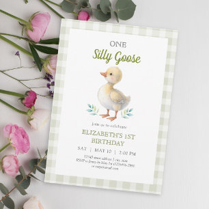 One Silly Goose Green Gingham Baby First Birthday Invitation