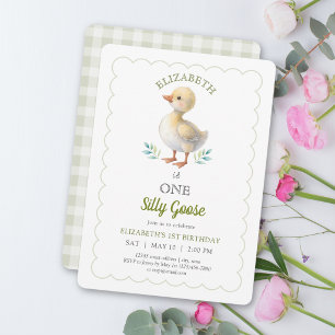 One Silly Goose Green Gingham Baby First Birthday Invitation