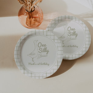 One Silly Goose Green Hand Drawn 1st Birthday  Paper Plate