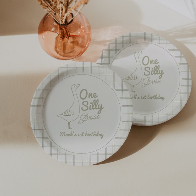 One Silly Goose Green Hand Drawn 1st Birthday  Paper Plate (Creator Uploaded)