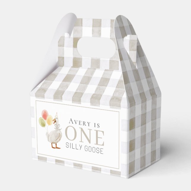 One Silly Goose Greige Gingham 1st Birthday Favour Box (Front Side)