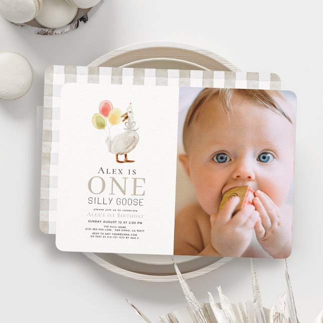 One Silly Goose Greige Gingham Photo 1st Birthday Invitation (Creator Uploaded)