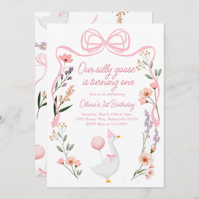 One Silly Goose invitation Wildflowers pink bow (Front/Back)