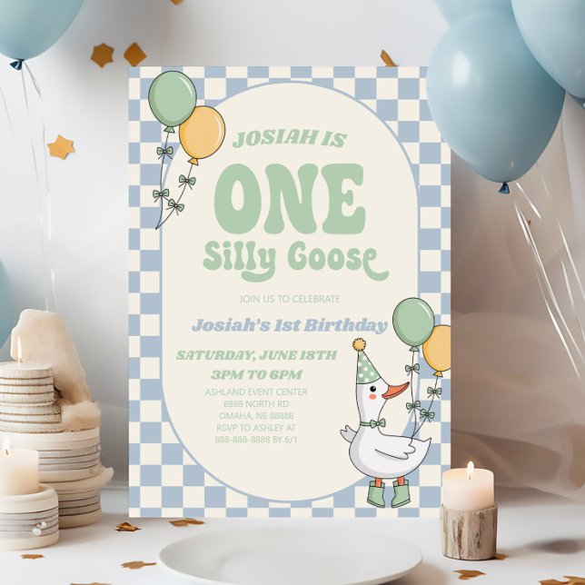 ONE Silly Goose Modern Retro 1st Birthday Party Invitation (Creator Uploaded)