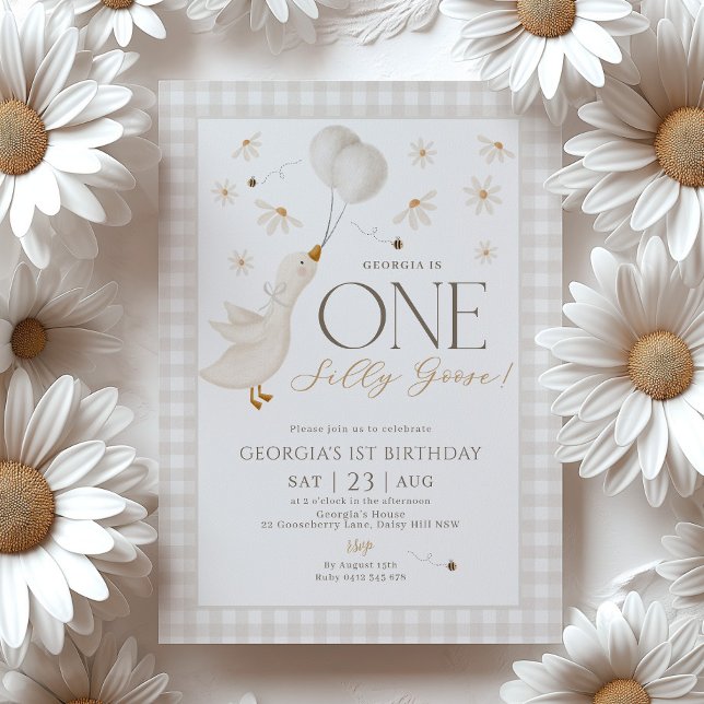 One Silly Goose Neutral 1st Birthday Beige Gingham Invitation (Silly Goose 1st Birthday Neutral Beige Invitation)
