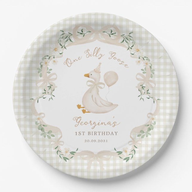 One Silly Goose Neutral Bow Gingham 1st Birthday Paper Plate (Front)