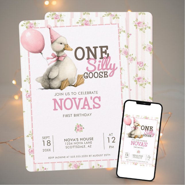One Silly Goose Personalised Pink 1st Birthday Invitation (Creator Uploaded)