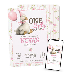 One Silly Goose Personalised Pink 1st Birthday Invitation