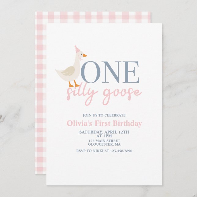 One Silly Goose pink and blue Invitation (Front/Back)