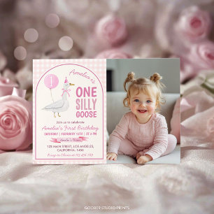 One Silly Goose Pink Balloon Birthday Photo Invite