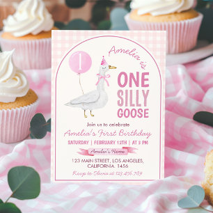 One Silly Goose Pink Balloon Girl Birthday Invitation