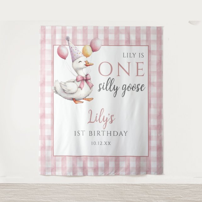 One Silly Goose Pink Birthday Photo Backdrop Tapestry (Front)