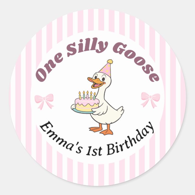 One Silly Goose Pink Bow 1st Birthday Classic Round Sticker (Front)
