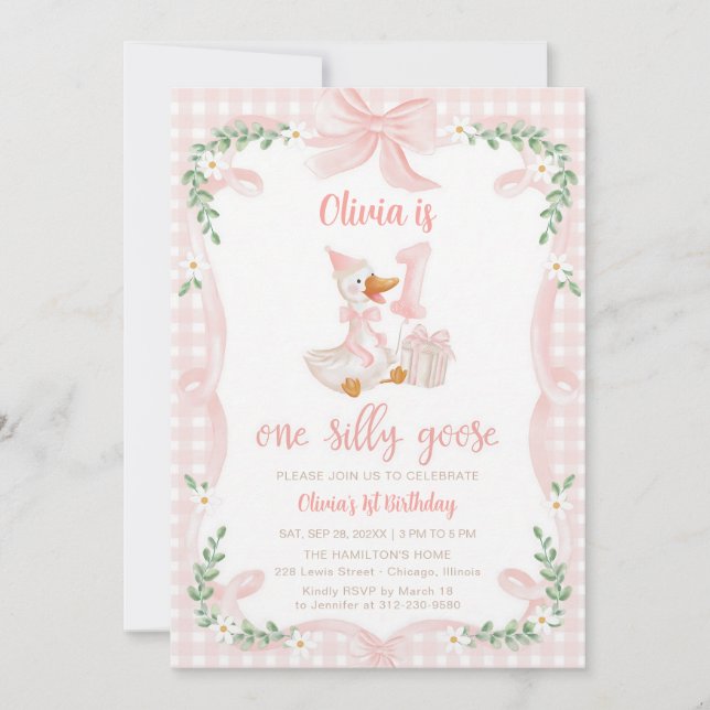 One Silly Goose Pink Bow 1st Birthday Invitation (Front)