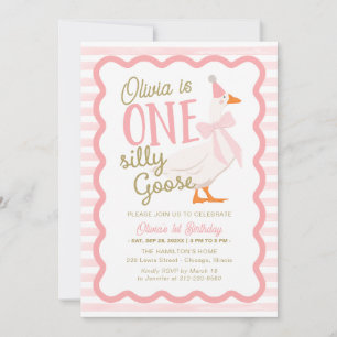 One Silly Goose Pink Bow 1st Birthday Invitation