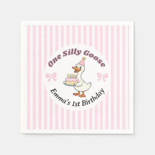 One Silly Goose Pink Bow 1st Birthday Napkin