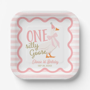 One Silly Goose Pink Bow 1st Birthday Paper Plate