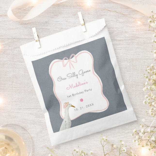 One Silly Goose Pink Bow 1st Birthday Party Favour Bag (Clipped)