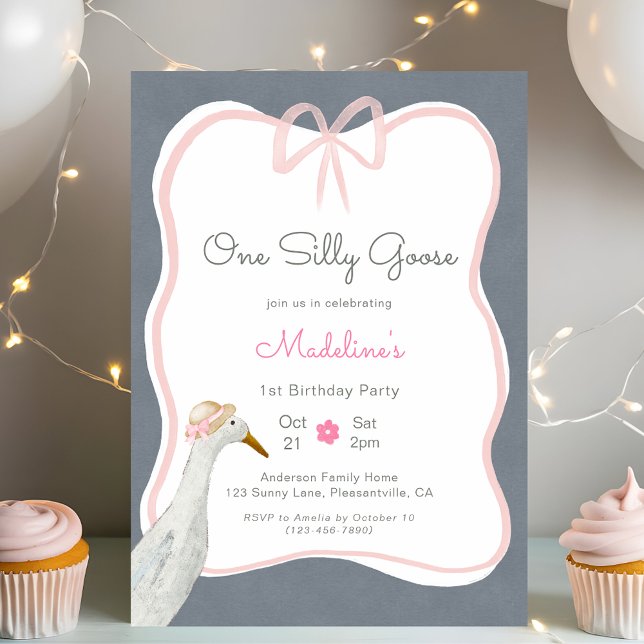 One Silly Goose Pink Bow 1st Birthday Party Invitation (Creator Uploaded)