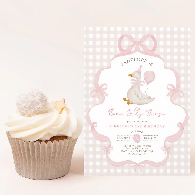 One Silly Goose Pink Bow First Birthday Invitation (Creator Uploaded)