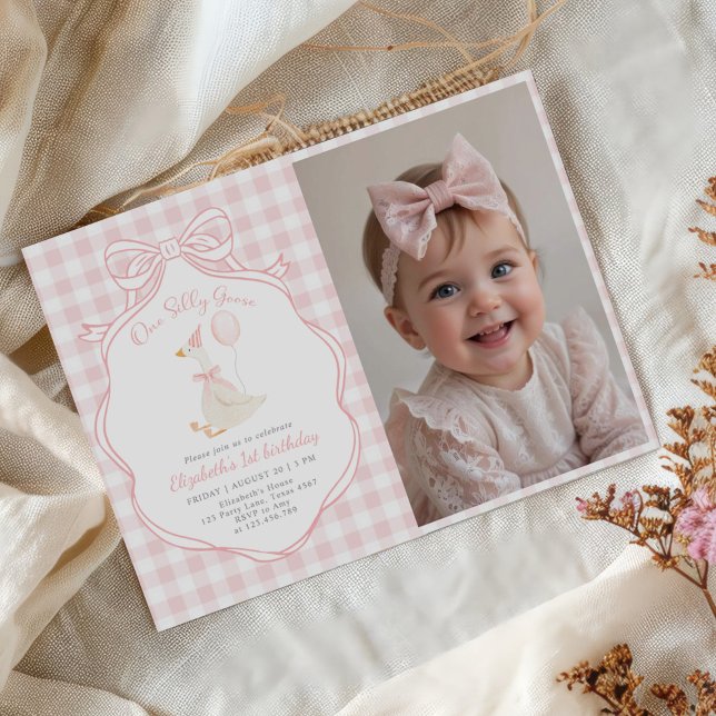 One Silly Goose Pink Bow First Birthday Photo Invitation (Creator Uploaded)