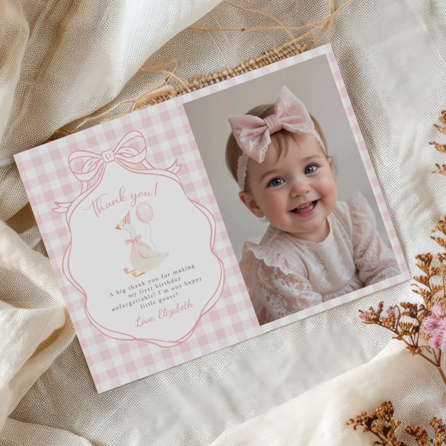 One Silly Goose Pink Bow First Birthday Photo Thank You Card (Creator Uploaded)