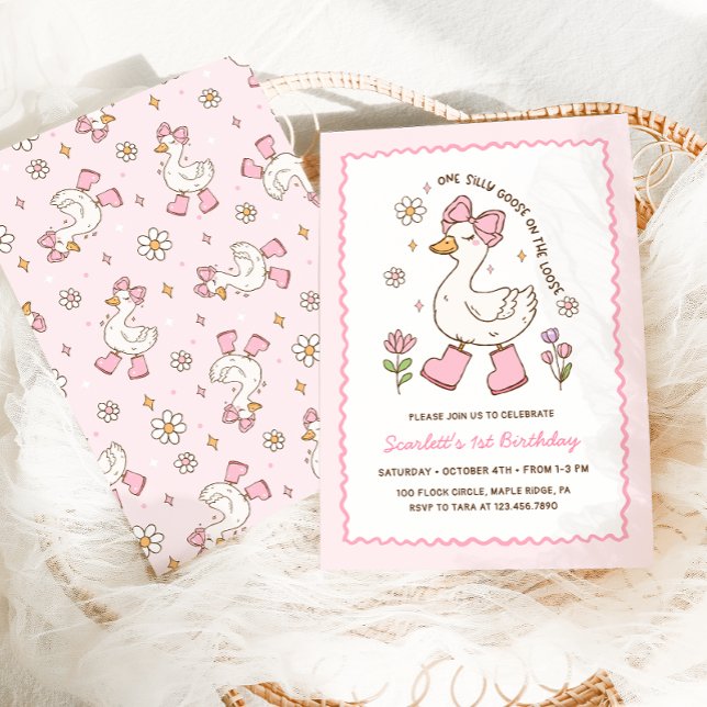 One Silly Goose Pink Bow Floral 1st Birthday Invitation (Creator Uploaded)