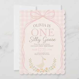 One Silly Goose Pink Bow Floral 1st Birthday Invitation