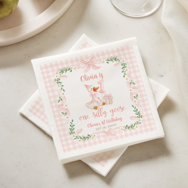 One Silly Goose Pink Bow Floral 1st Birthday Napkin (Creator Uploaded)