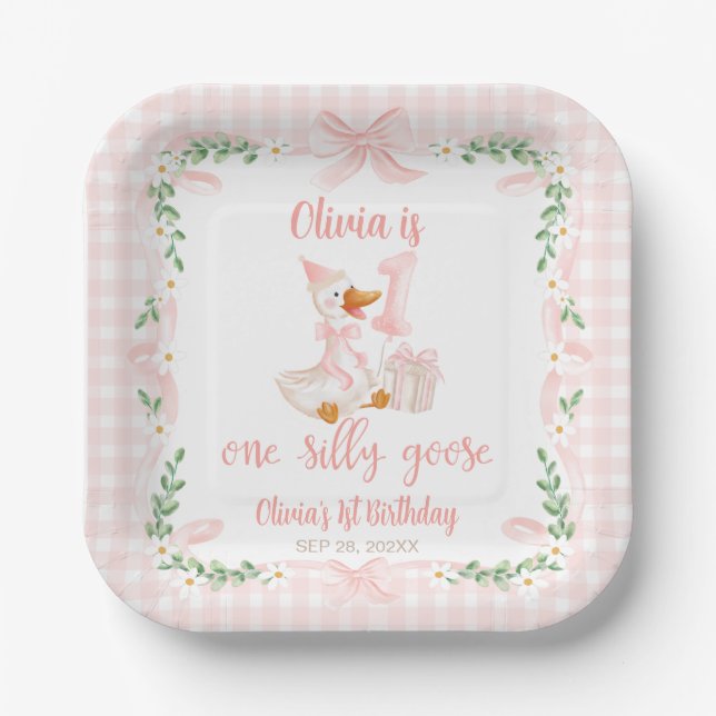 One Silly Goose Pink Bow Floral 1st Birthday Paper Plate (Front)