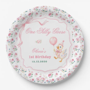 One Silly Goose Pink Bow Floral 1st Birthday Paper Plate