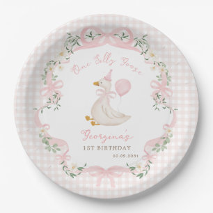 One Silly Goose Pink Bow Gingham 1st Birthday Paper Plate