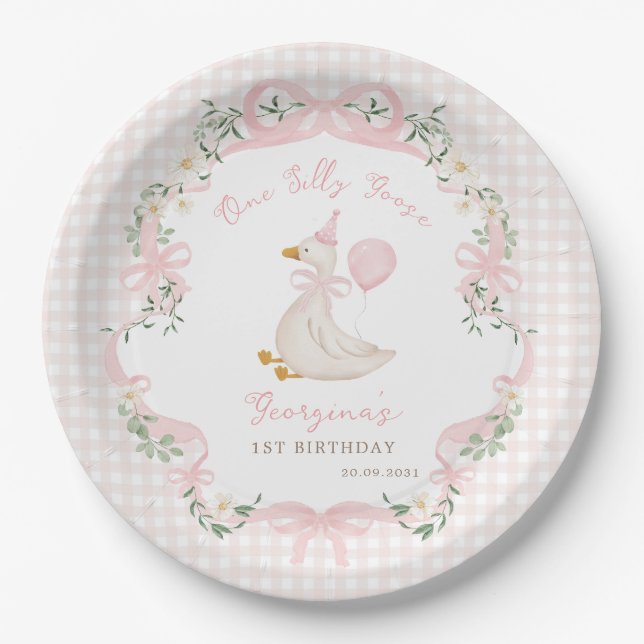 One Silly Goose Pink Bow Gingham 1st Birthday Paper Plate (Front)
